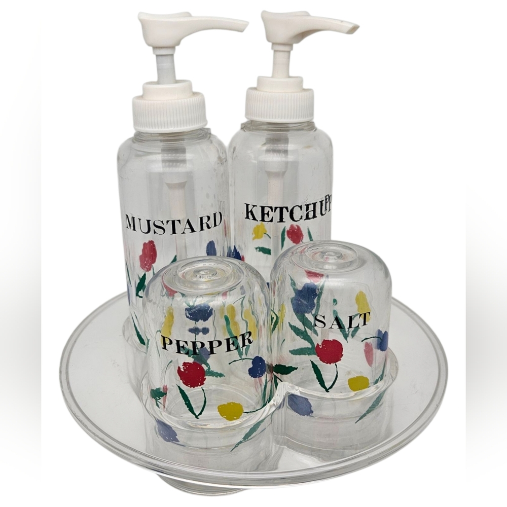 Vintage Acrylic Caddy Condiment Set Libbey Marimekko Tulip Design 4 Containers